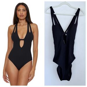 NWT BECCA Women's Modern Edge Textured Plunging-Neck Swimsuit in Black Size M